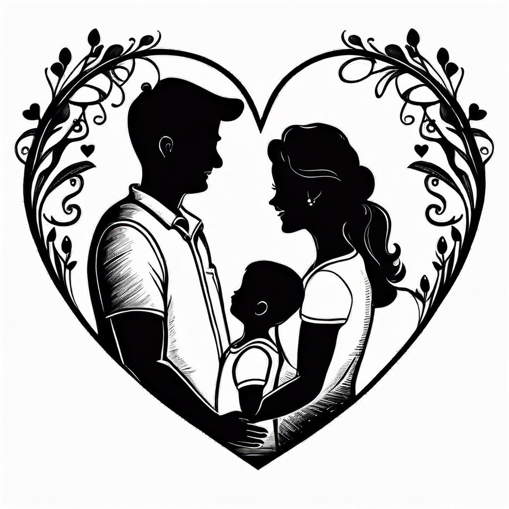 hand drawn family portrait inside a heart shape