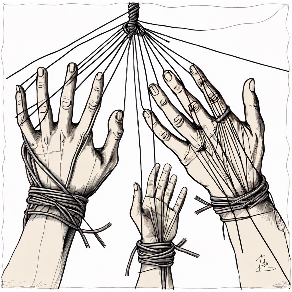 hands tied with strings being pulled in different directions