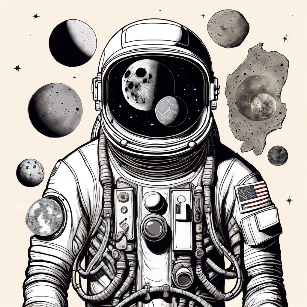 haunted astronaut with artifacts from different planets on their suit