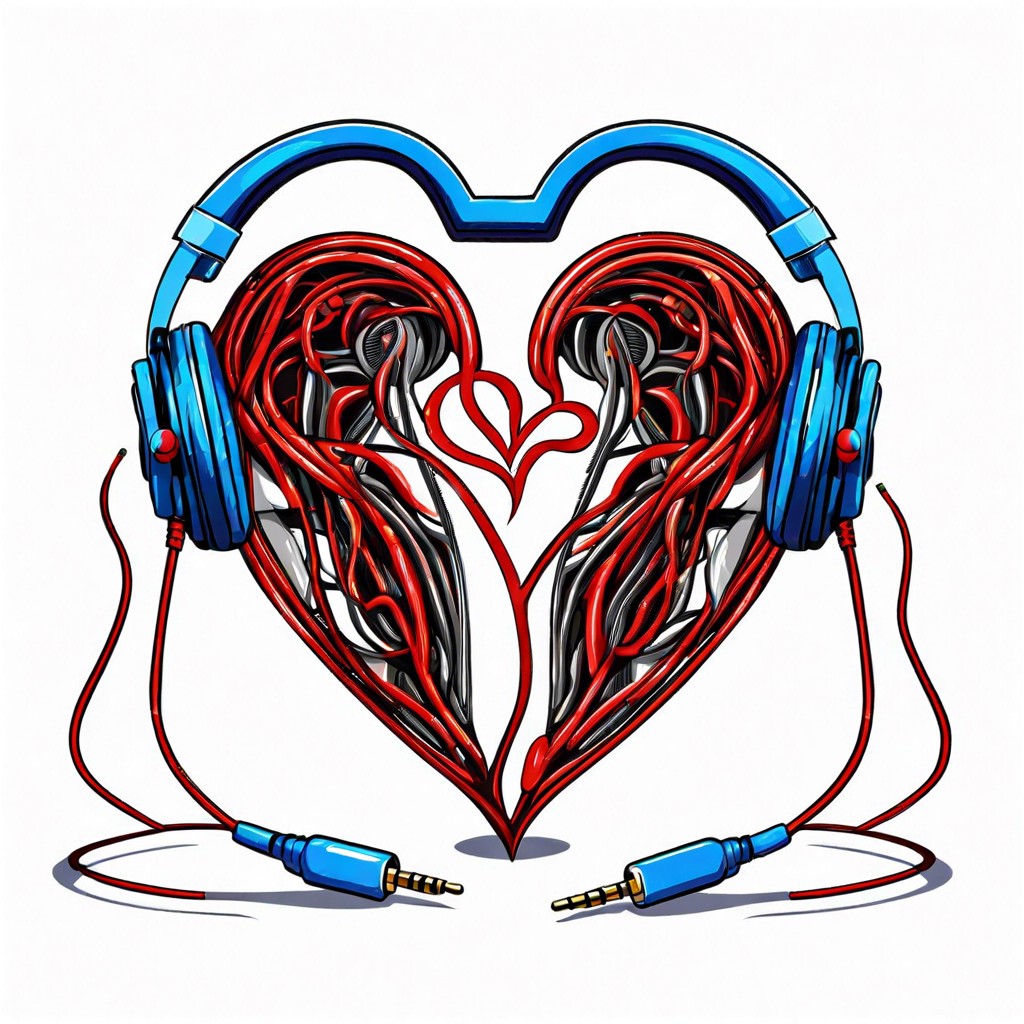 headphones with the cord morphing into a heart shape