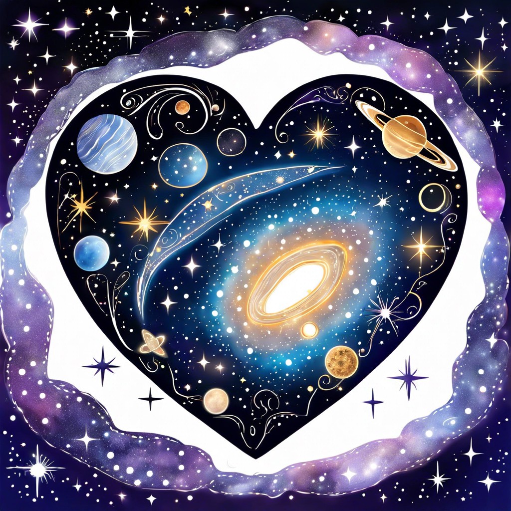 heart shaped galaxy with stars and planets
