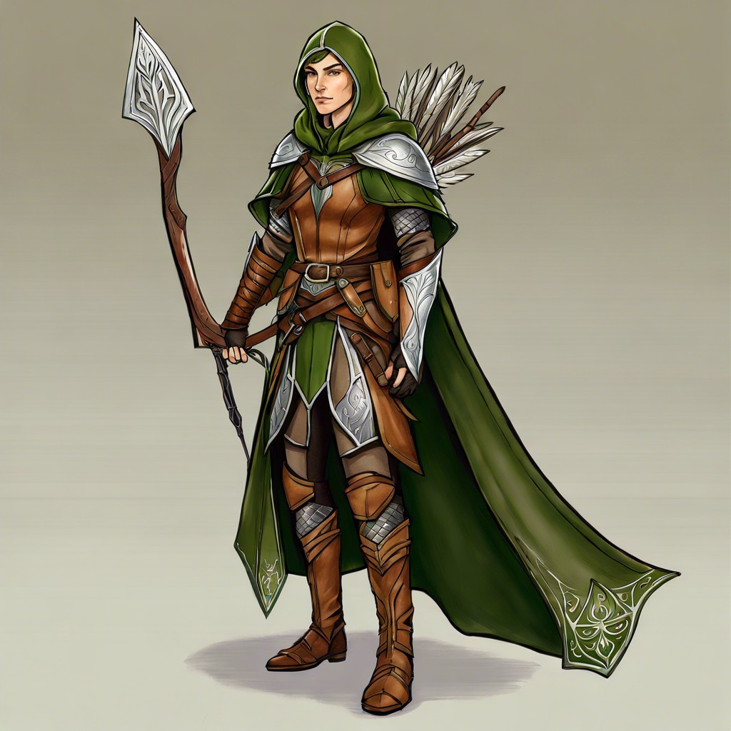 high fantasy elven ranger with leather armor and cloak