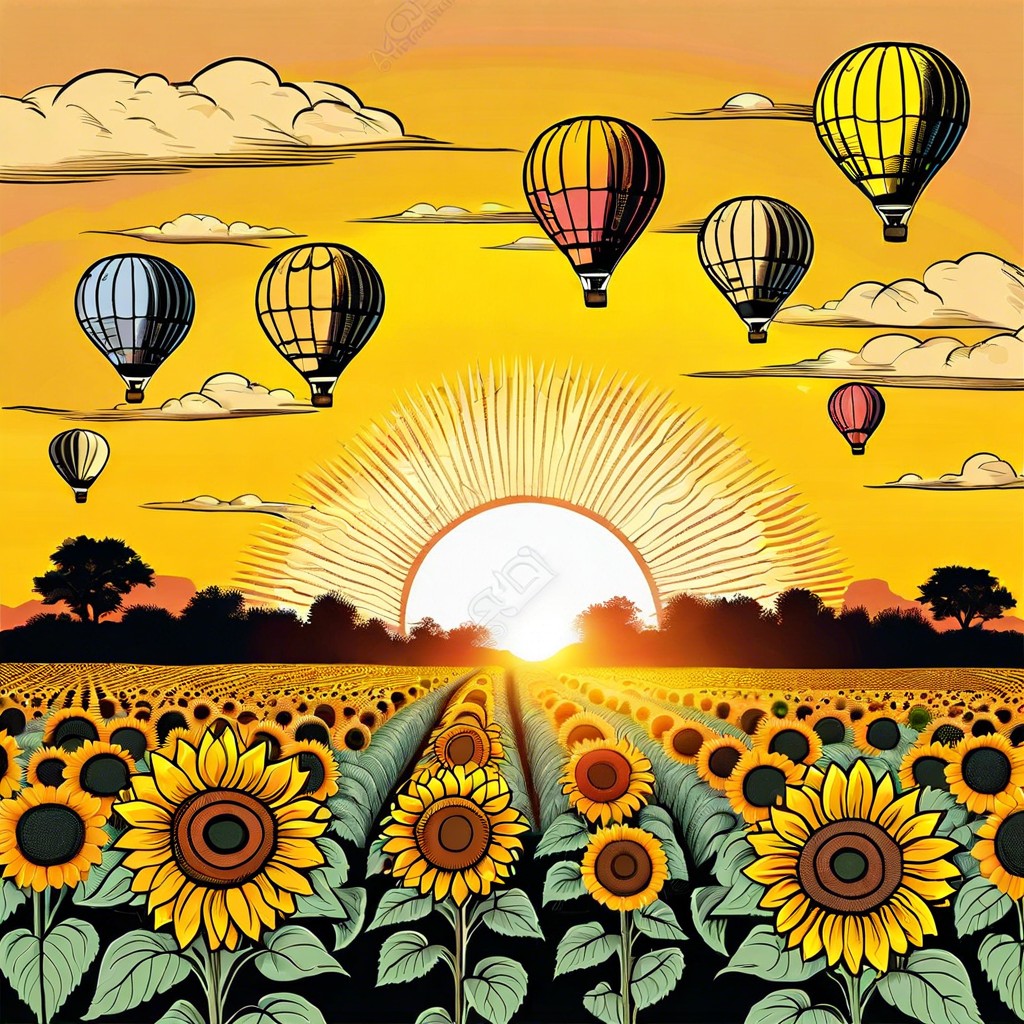 hot air balloons over a sunflower field