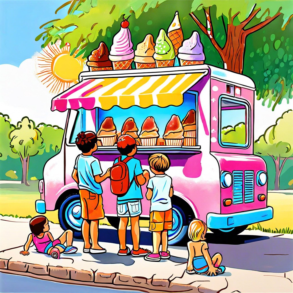 ice cream truck surrounded by kids
