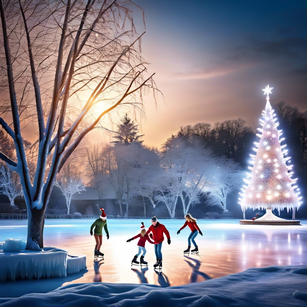 ice skaters on a frozen pond with holiday lights
