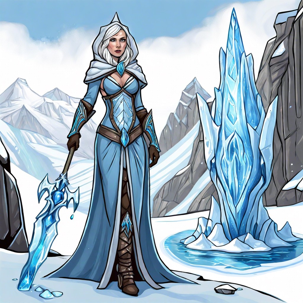 ice wielding sorceress protecting a thawing glacial kingdom