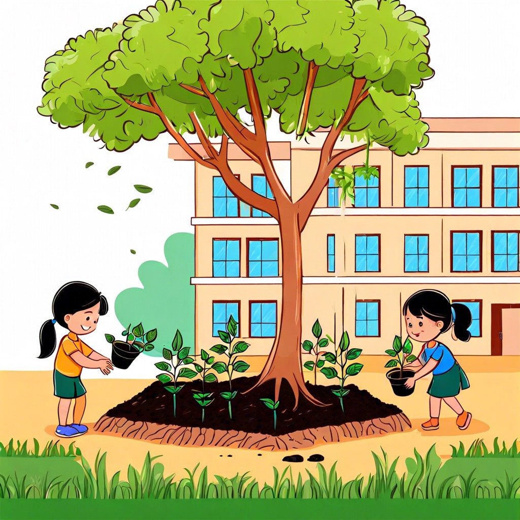 kids planting trees around a school
