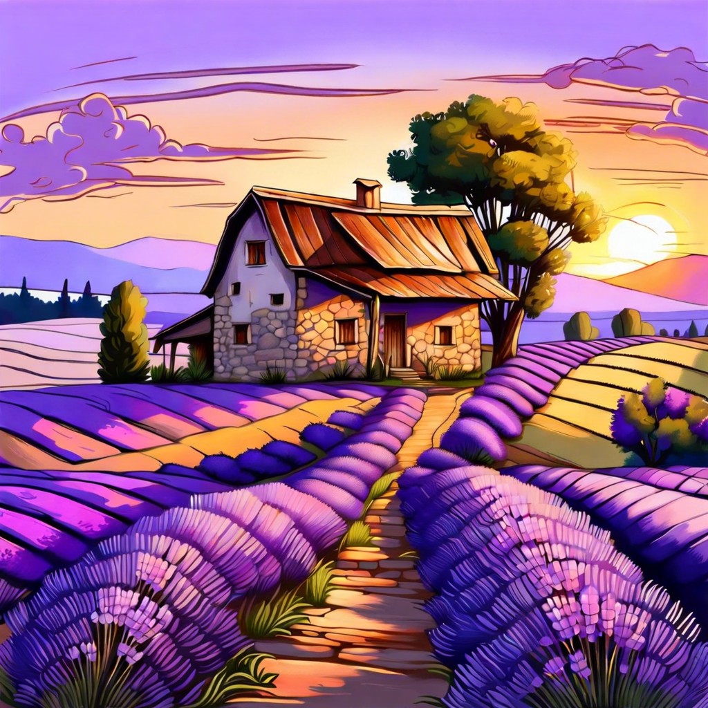 lavender fields with a farmhouse