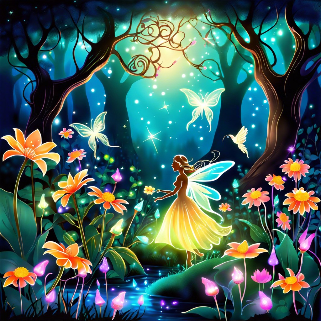 magical gardens with glowing flowers and faeries