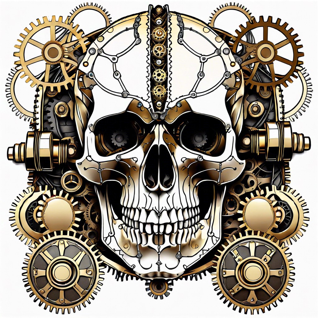 mechanical skull with metal plates and wires attached