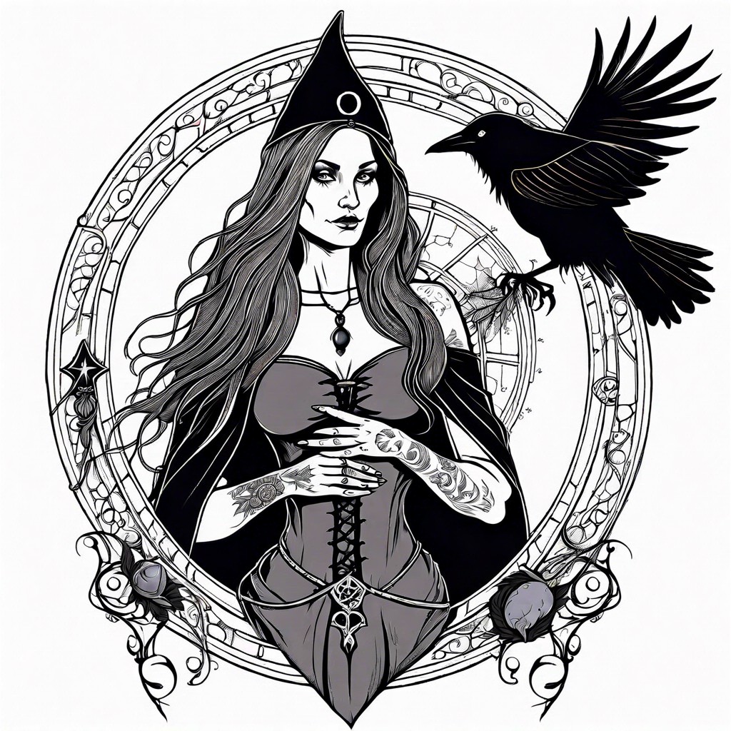 medieval witch with enchanted tattoos and a pet raven