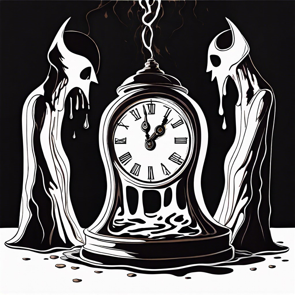 melting clock surrounded by whispering shadows