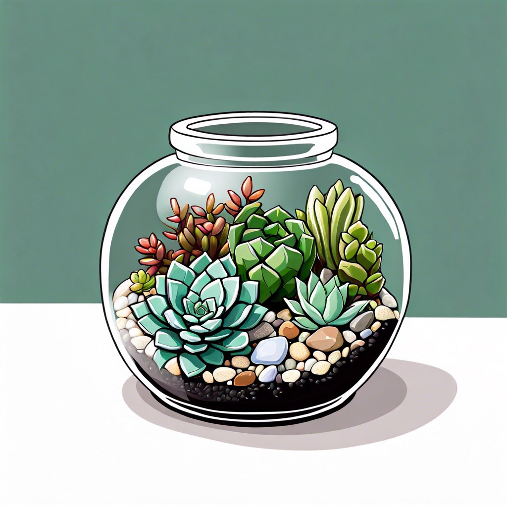 mini terrarium with tiny plants and stones