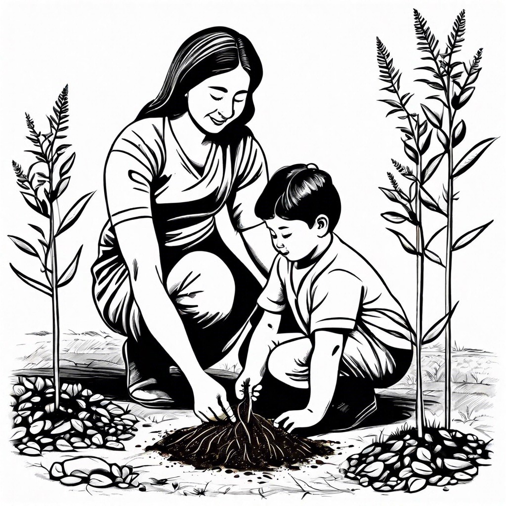 mom and child planting a tree representing growth and nurturance