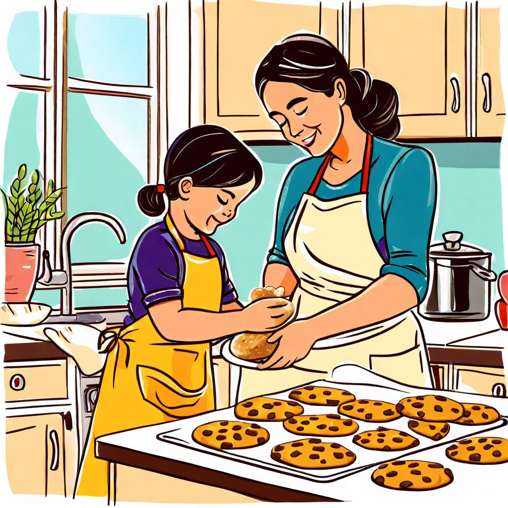 mom and kid baking together