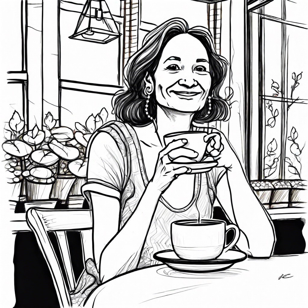mom at a coffee shop drinking tea