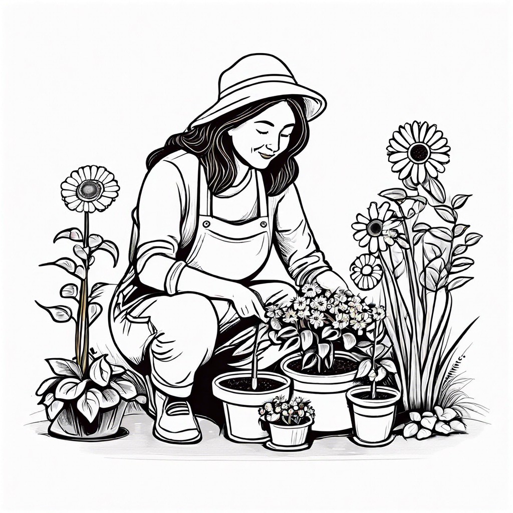 mom planting flowers in a garden