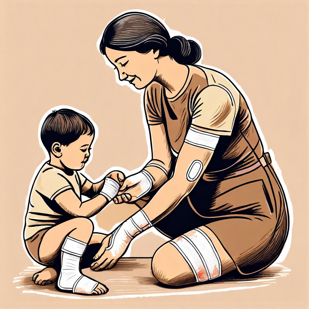 mom putting a bandage on a childs knee