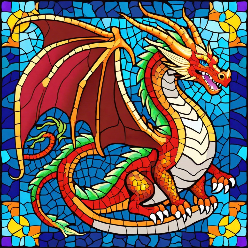 mosaic dragon with scales made of colorful broken tiles