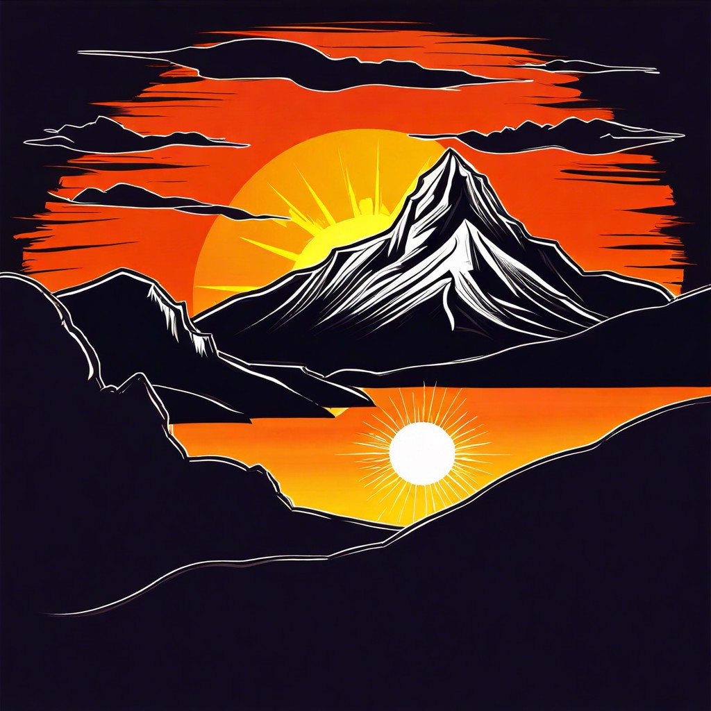 mountain range silhouette with a sun setting behind