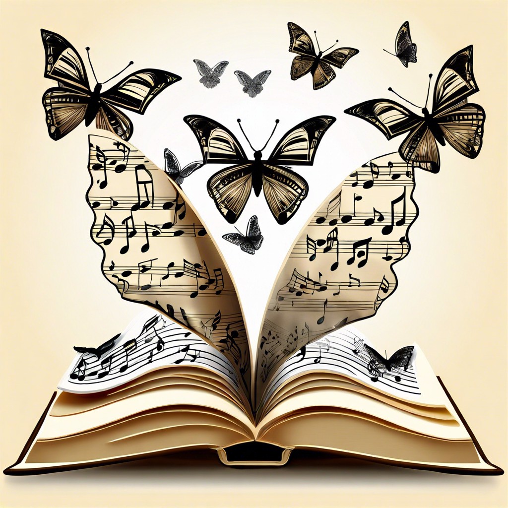 musical notes floating out of a book like butterflies