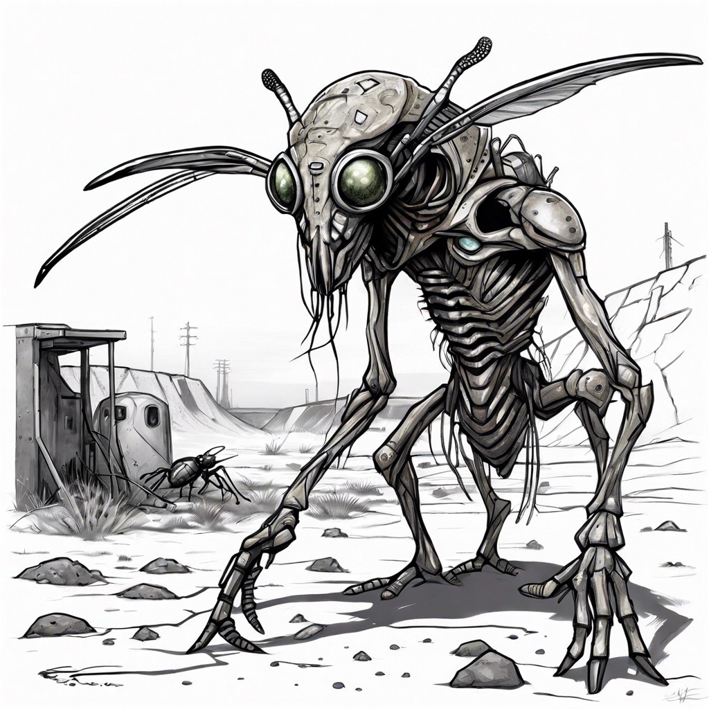 mutated insectoid humanoid in a dystopian landscape