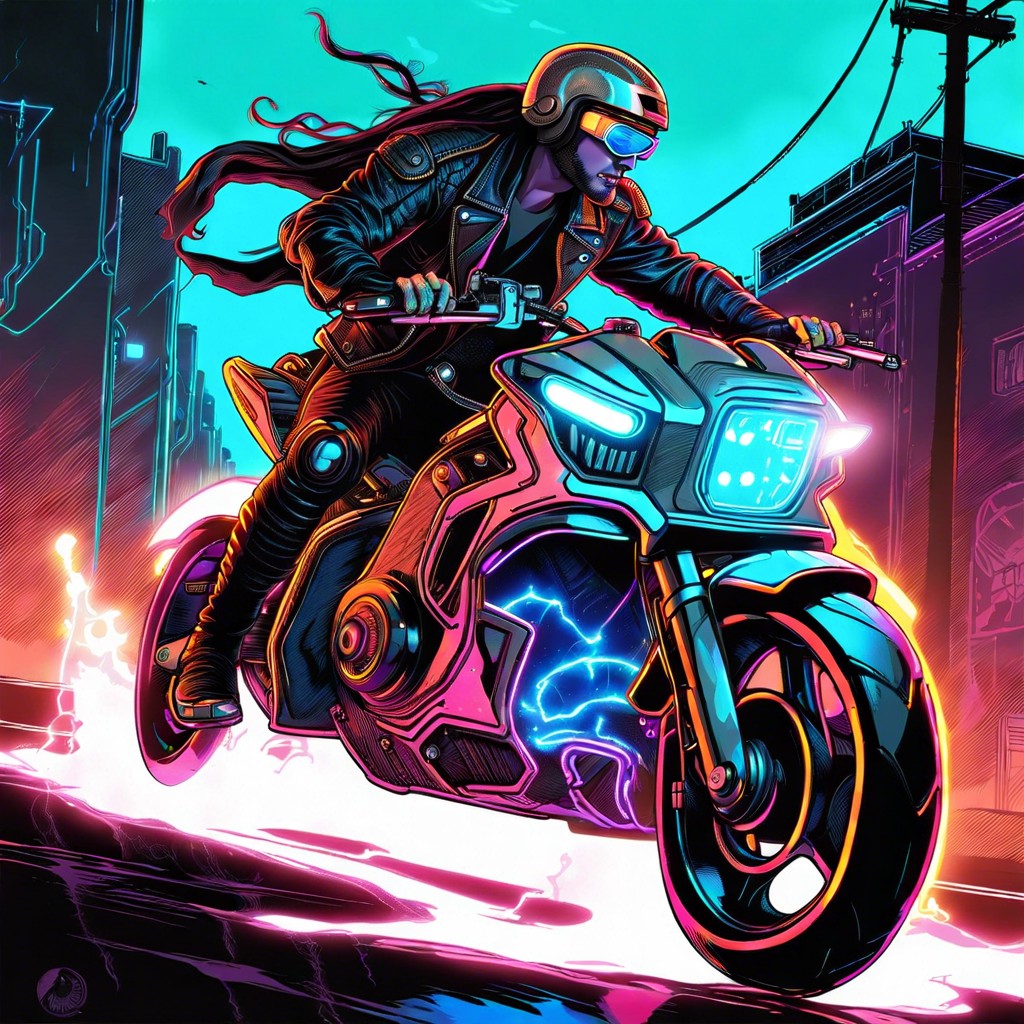 neon lit biker with a spectral motorcycle