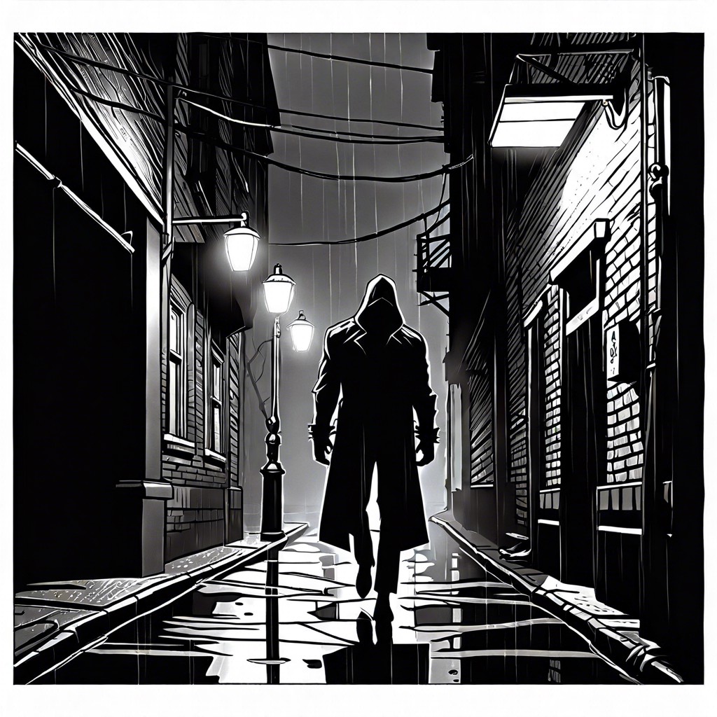 noir spider man in a shadowy rain soaked alley