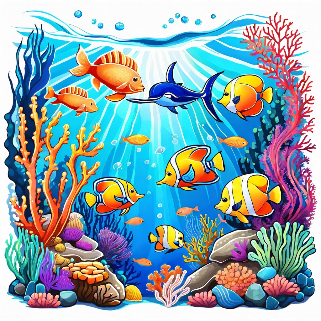 ocean scene with marine life and corals