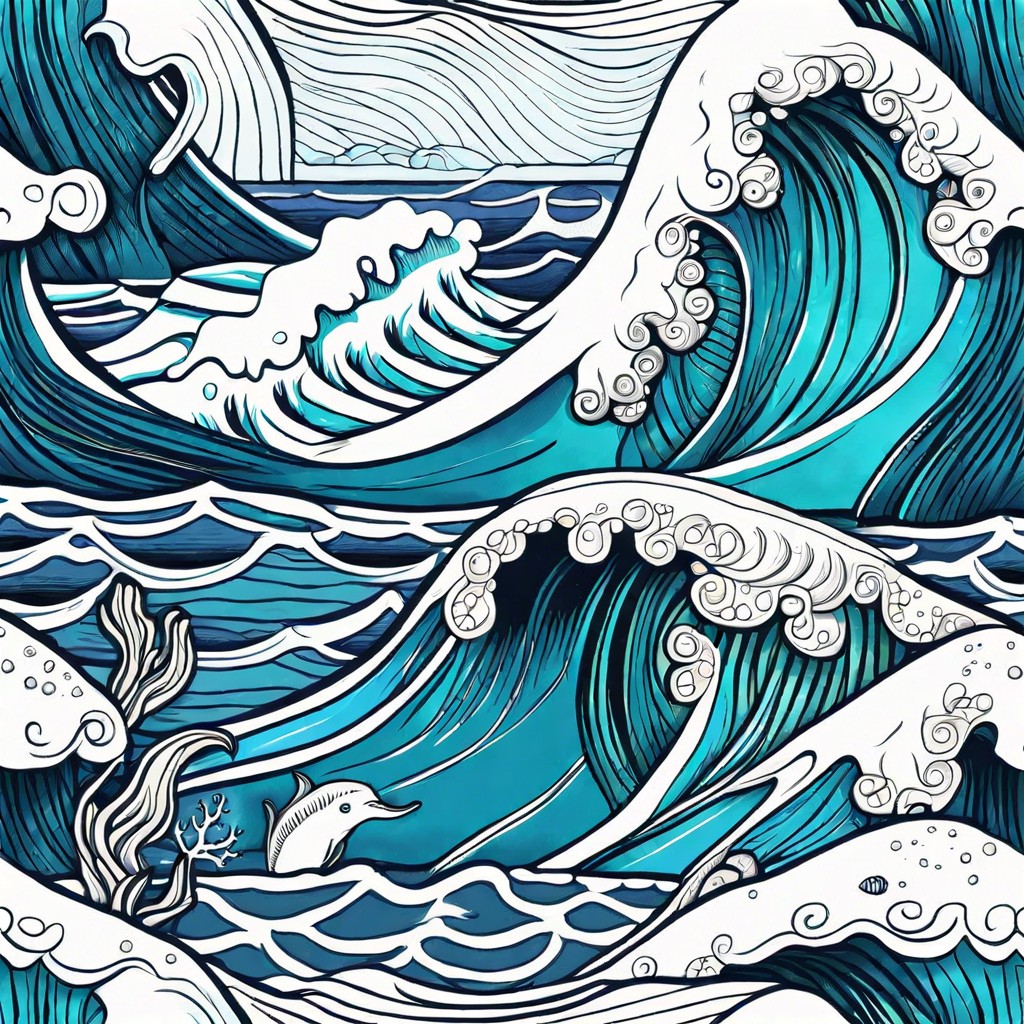ocean waves with sea creatures