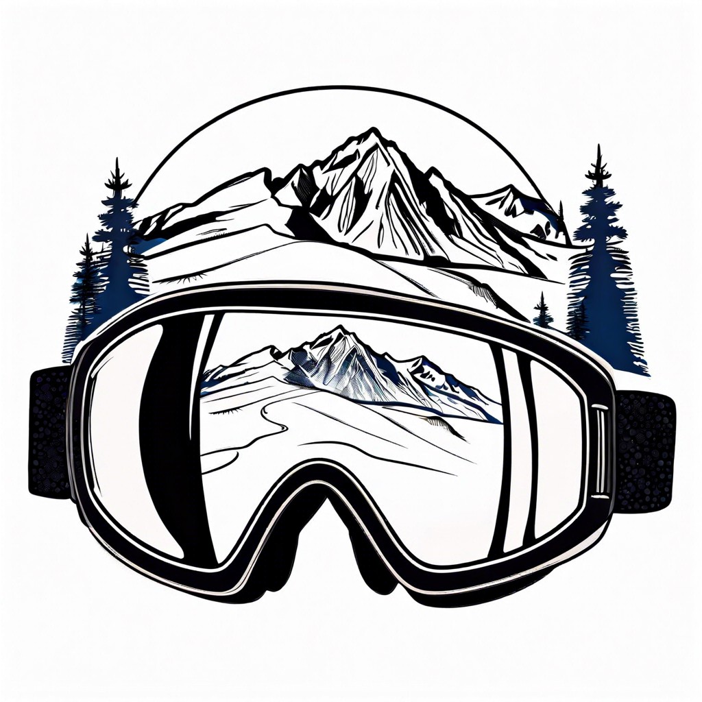 pair of ski goggles with reflection of mountains