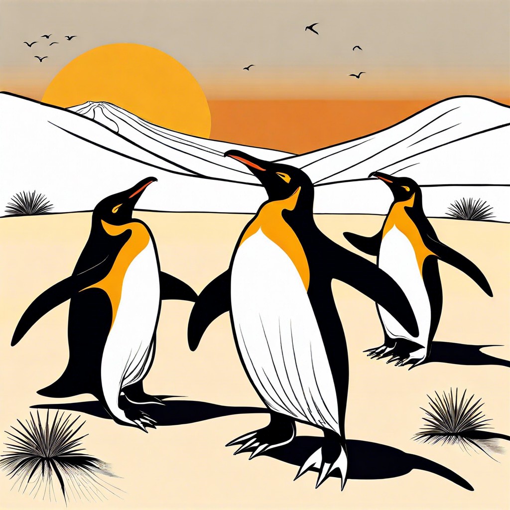 penguins dancing on a hot desert
