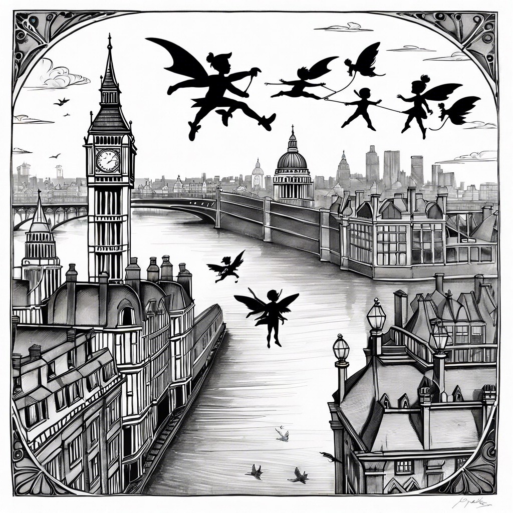 peter pan flying above london with the darling children