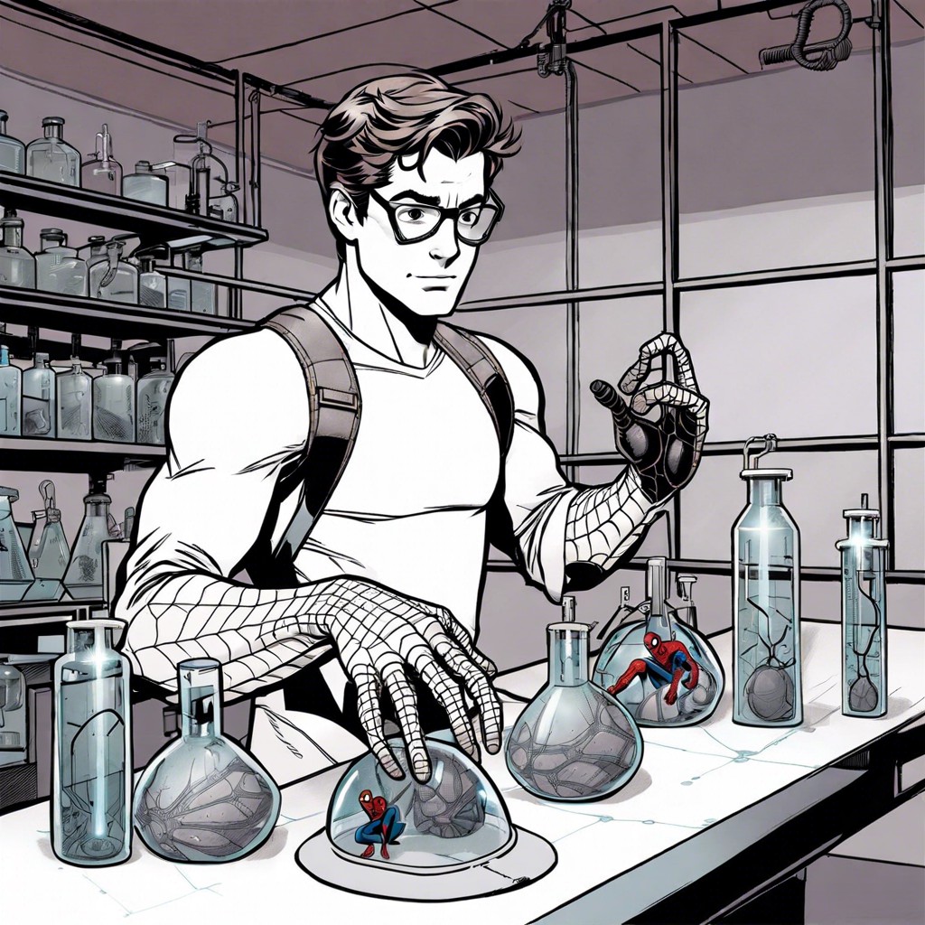 peter parker in a lab suit half on surrounded by tech gadgets