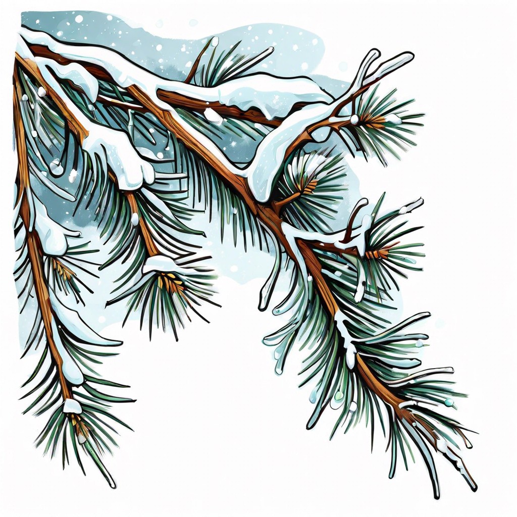 pine branch with hanging icicles