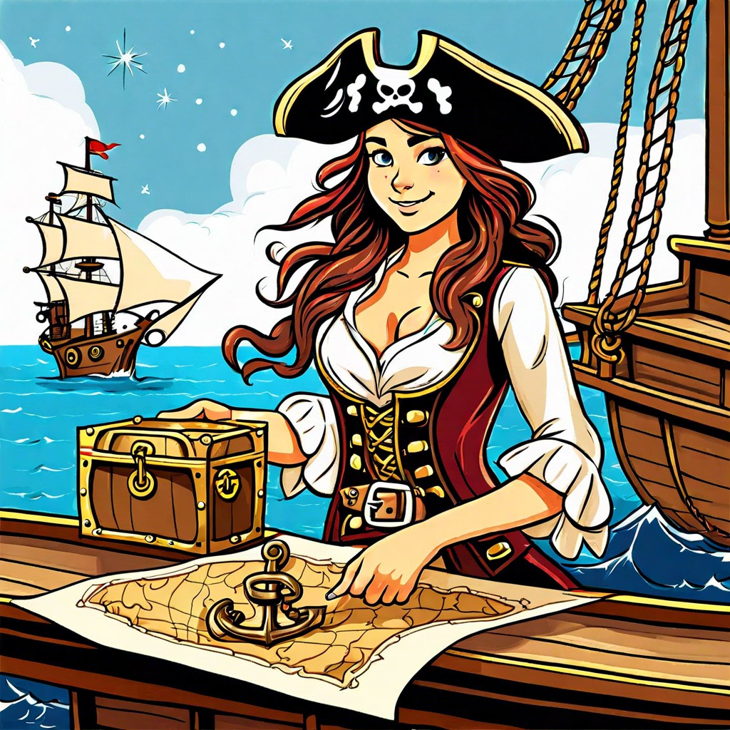 pirate girl on the deck of a ship with a treasure map