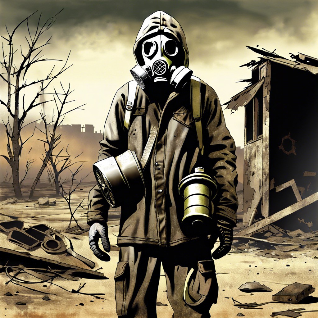 post apocalyptic survivor with weathered clothing and gas mask