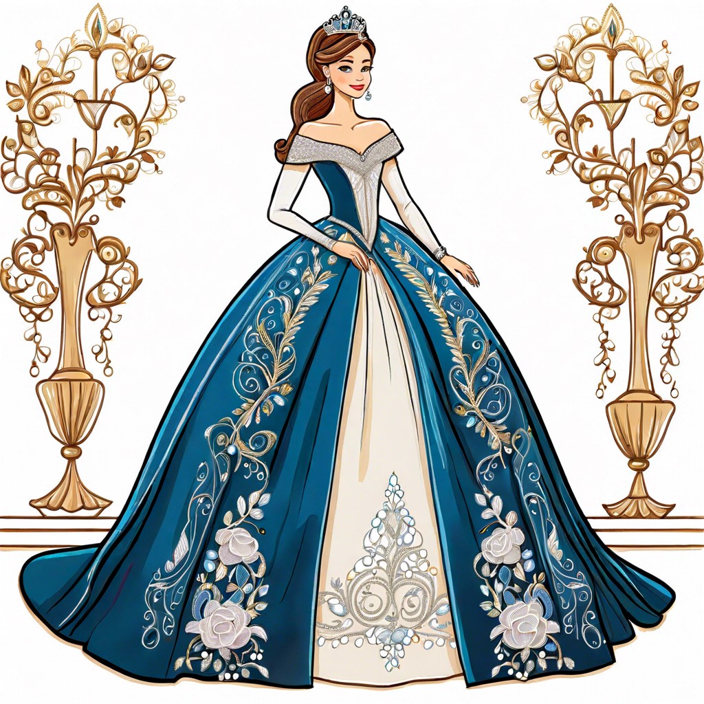 regal princess with an embroidered ballgown and tiara