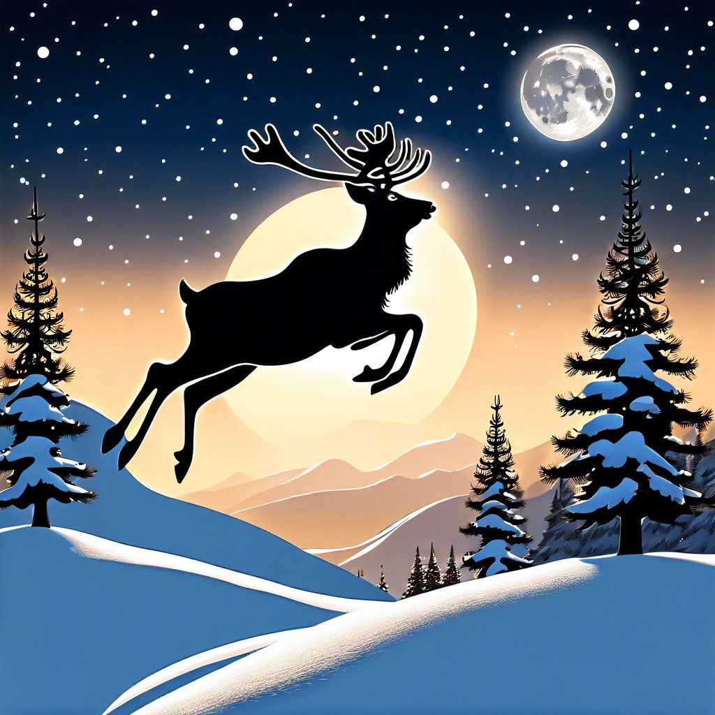 reindeer flying over a moonlit town