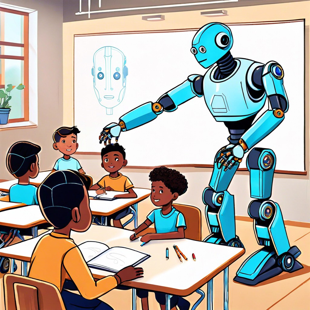 robots and humans learning together in a future classroom