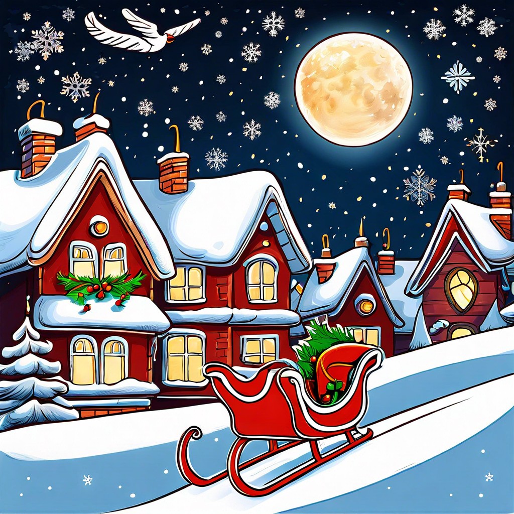 santas sleigh flying over rooftops