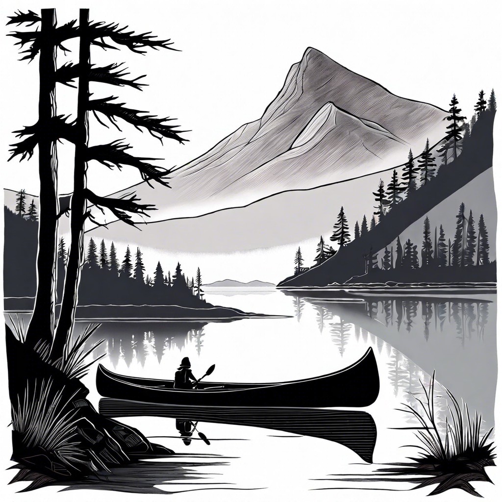serene mountain lake with a canoe