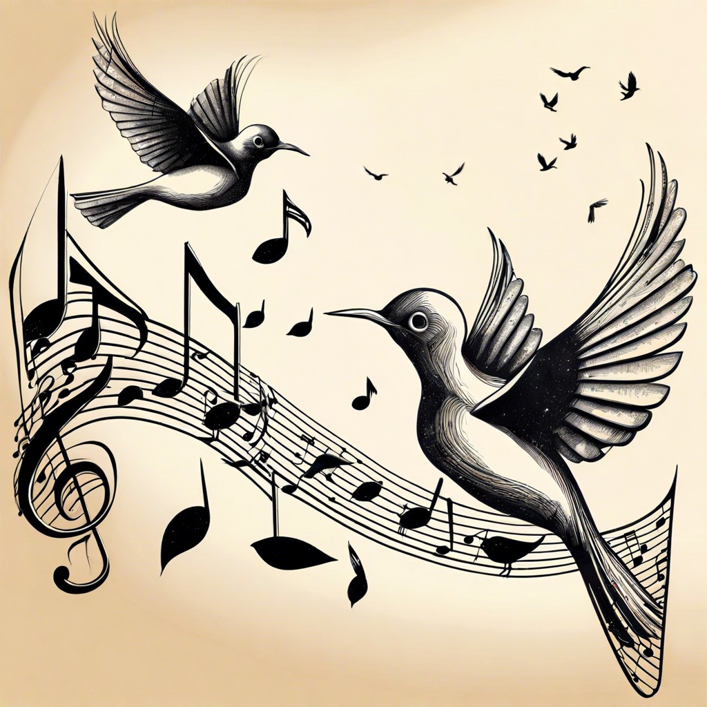 sheet music transforming into a flight of birds