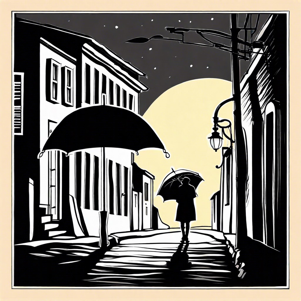 silhouette of a lone person holding an umbrella under a streetlight