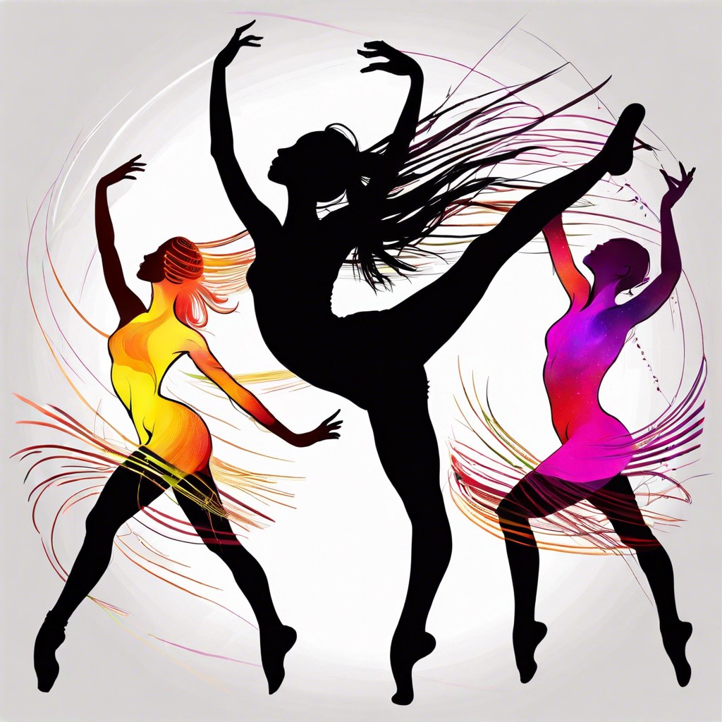 silhouettes of dancers with colorful motion trails