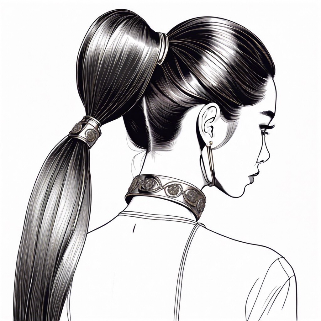 sleek low ponytail with metal cuffs