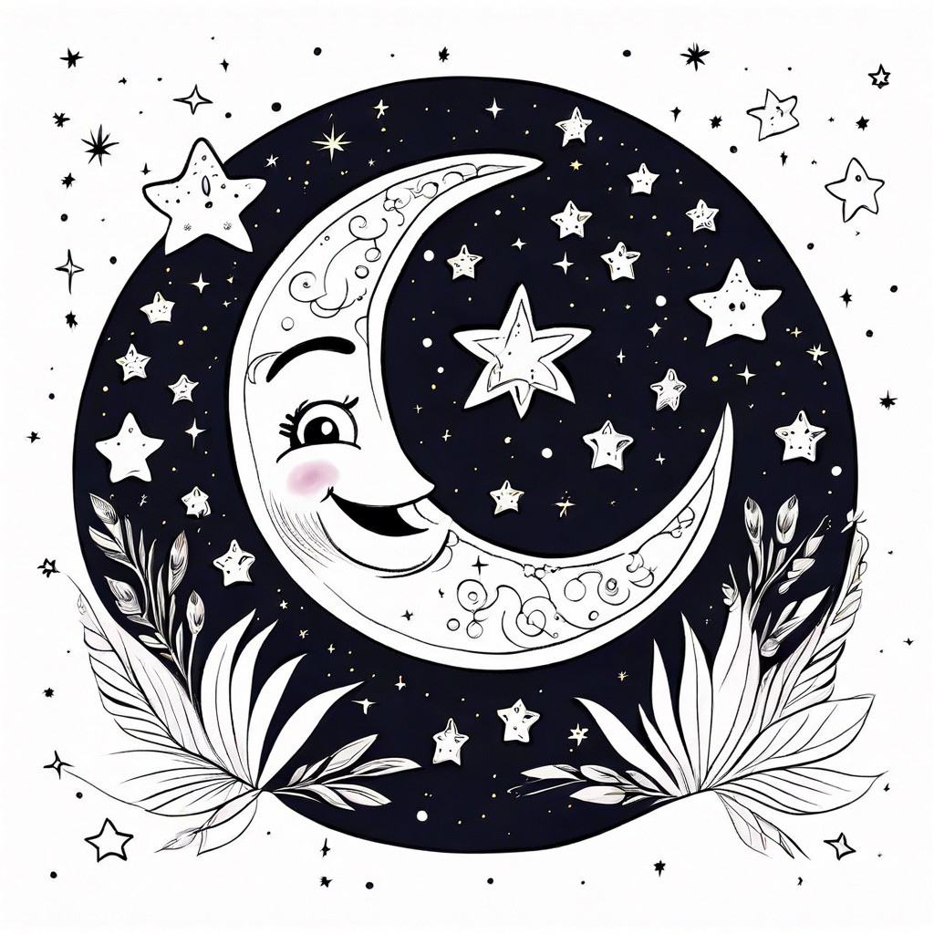 smiling crescent moon with stars