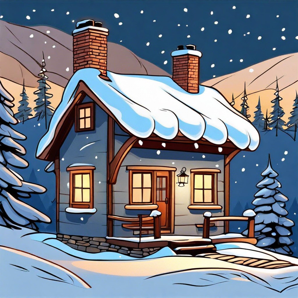 snow covered cottage with chimney smoke