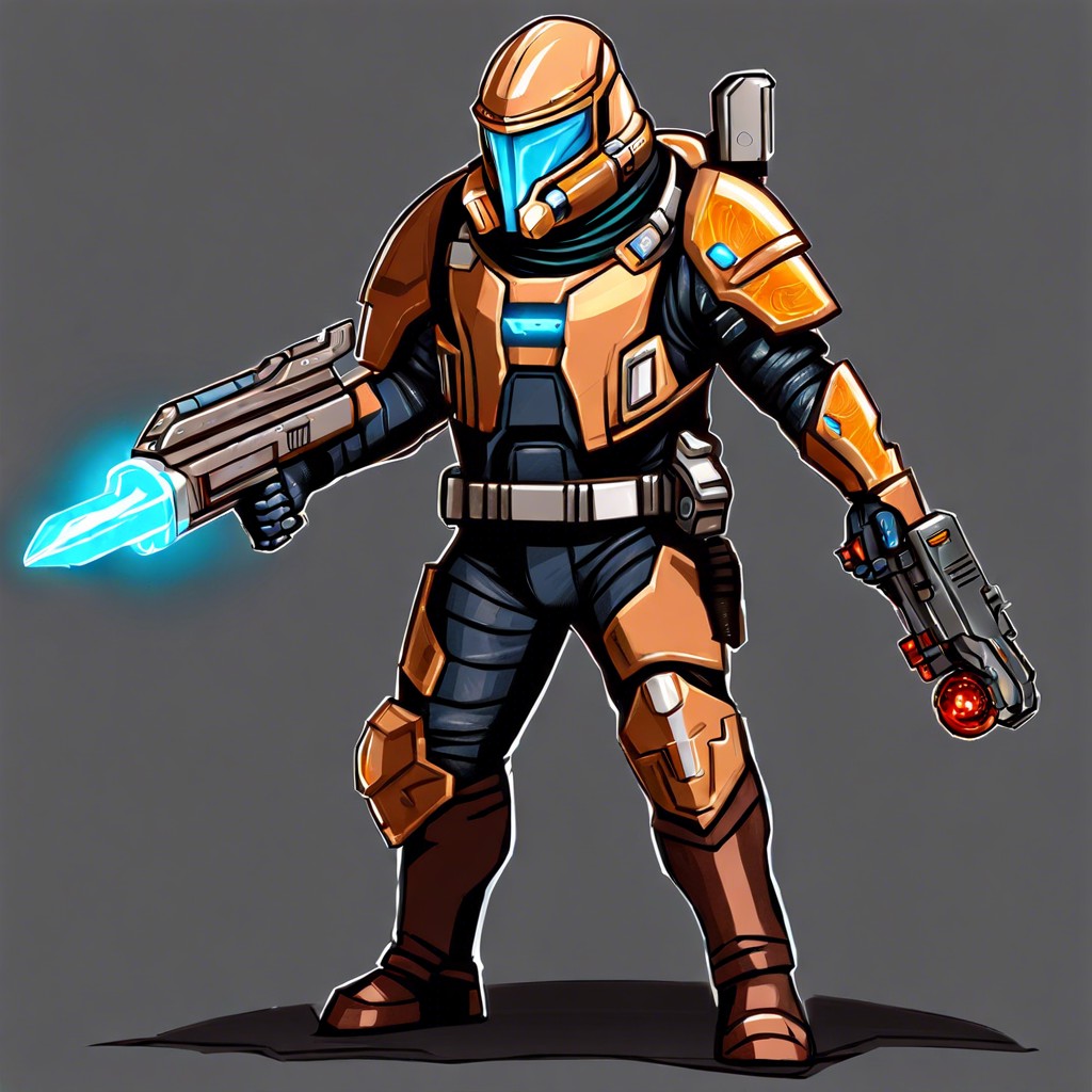 space bounty hunter with armored suit and plasma blaster