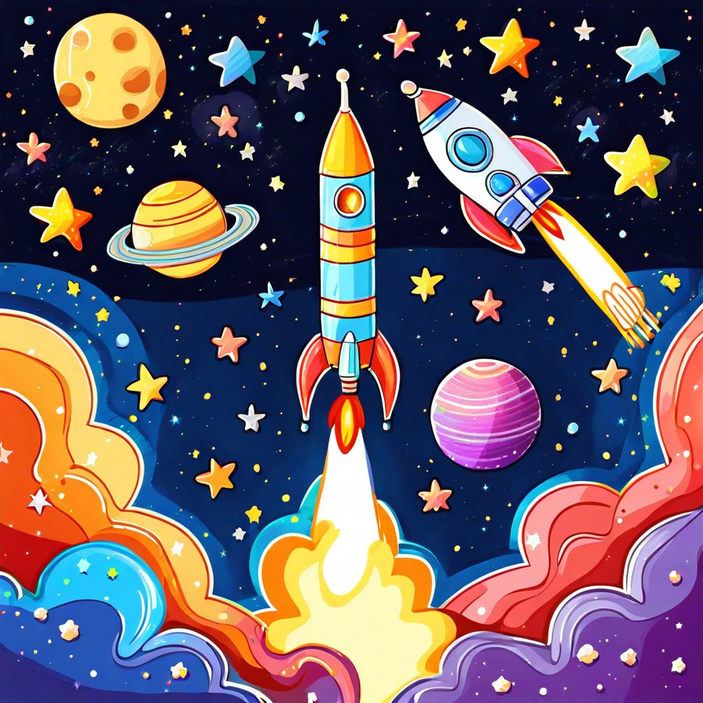 space rocket blasting off with starry background